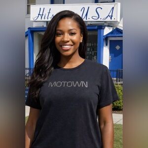 Motown Record Label Mini Rhinestone Black Short Sleeve Women's Tee X-Large